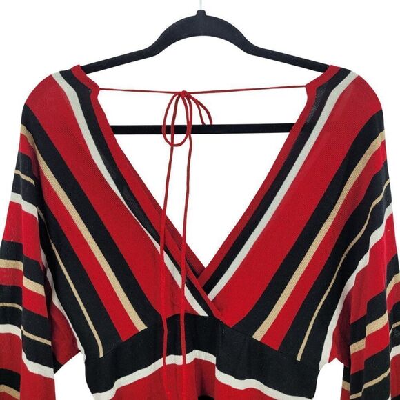 Vintage 90s Red Knit Top V-Neck Kimono Sleeve L Black Striped Empire Tie Back - Picture 4 of 10